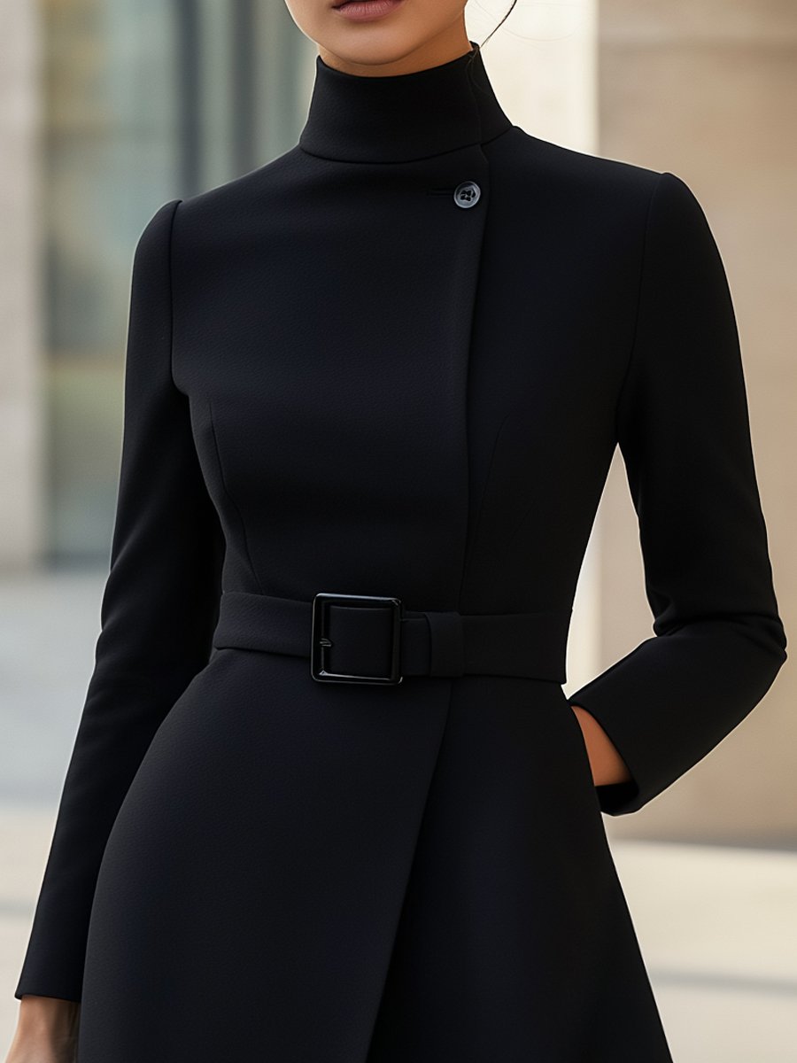 Asymmetric Belted A-Line Dress with High Neck and Long Sleeves – Elegant Modern Design 1