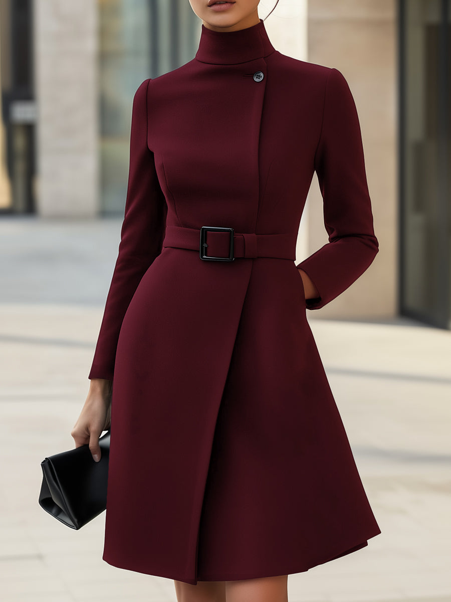 Asymmetric Belted A-Line Dress with High Neck and Long Sleeves – Elegant Modern Design 3