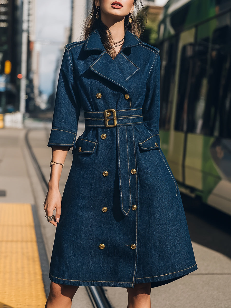 Belted Denim Trench Dress with Gold Buttons – Stylish Indigo Outerwear 0