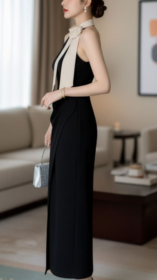 Black Halter Neck Midi Dress with Wrap Skirt – Elegant Evening Wear 2