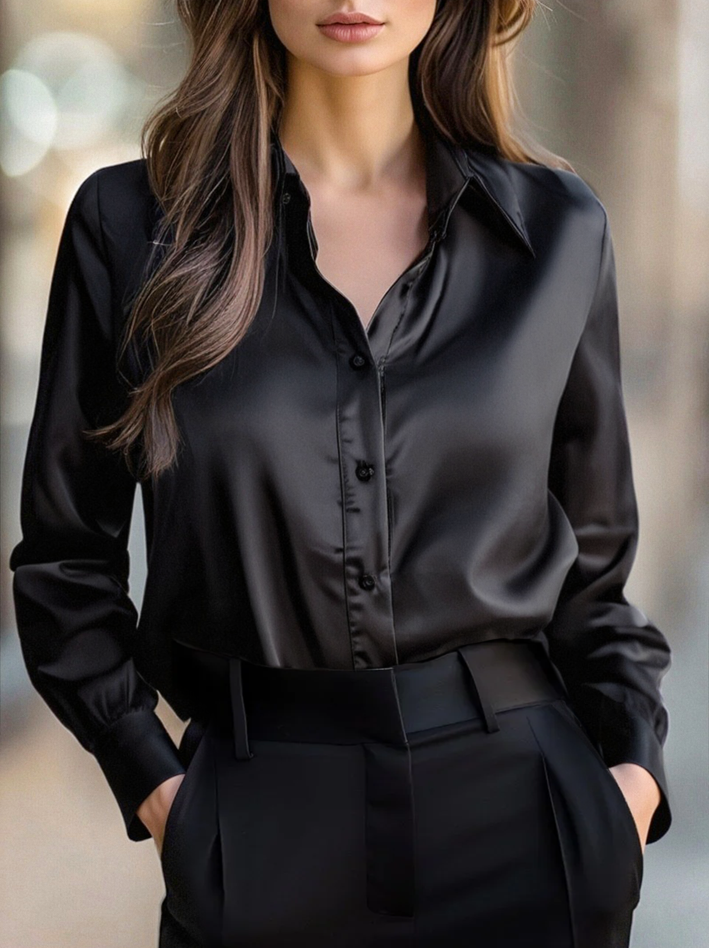 Black Satin Long Sleeve Blouse with Tailored Collar – Elegant and Comfortable 0