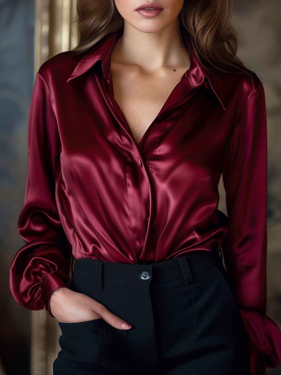 Black Satin Long Sleeve Blouse with Tailored Collar – Elegant and Comfortable 2