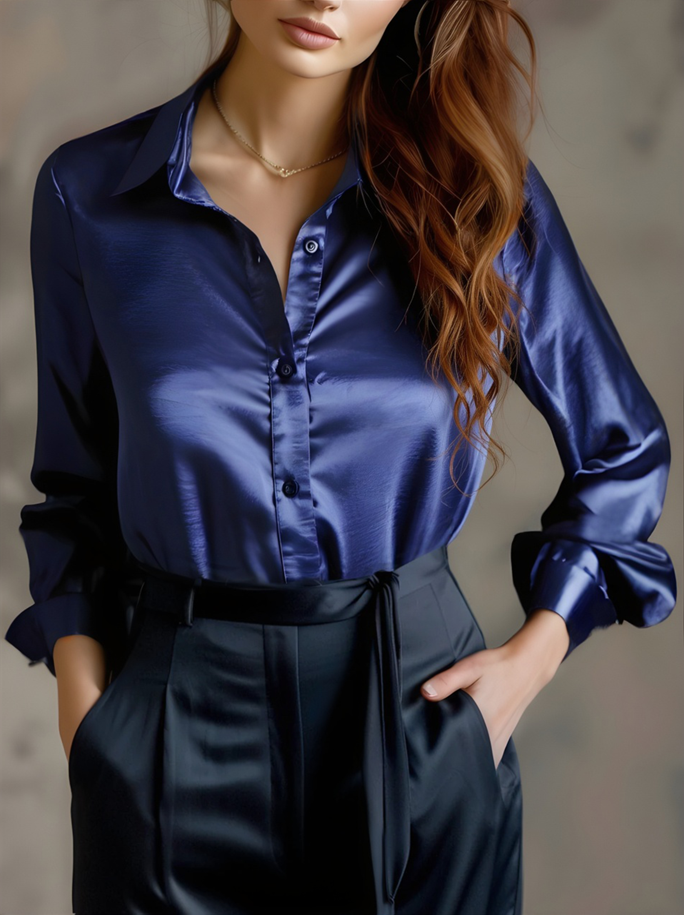 Black Satin Long Sleeve Blouse with Tailored Collar – Elegant and Comfortable 3