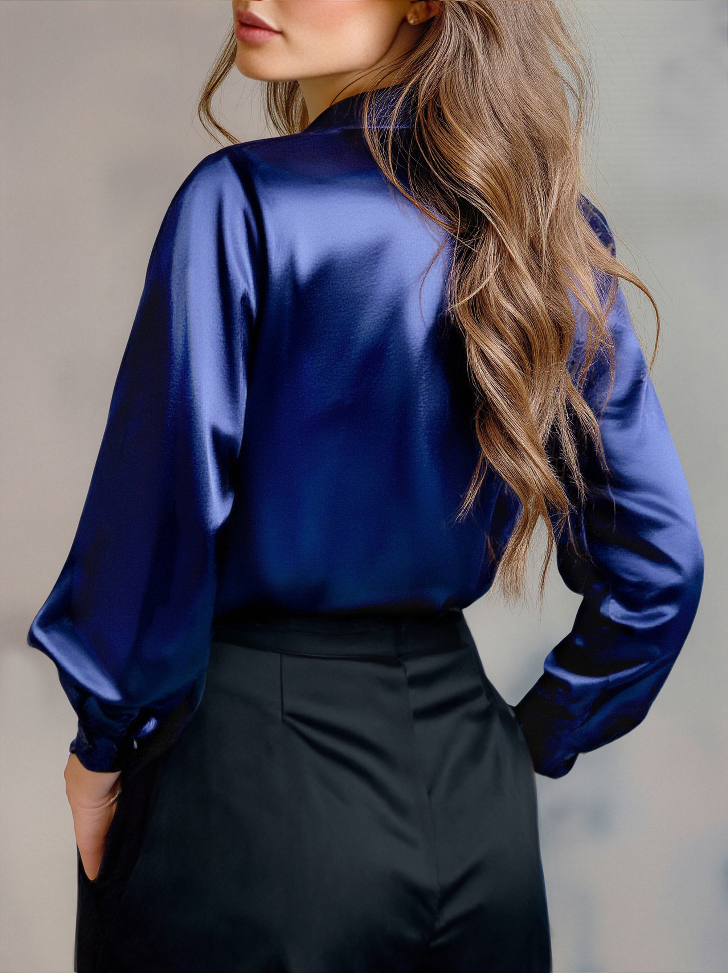 Black Satin Long Sleeve Blouse with Tailored Collar – Elegant and Comfortable 4