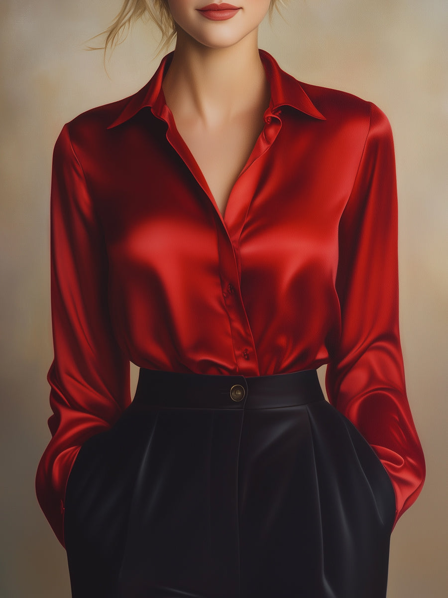Black Satin Long Sleeve Blouse with Tailored Collar – Elegant and Comfortable 6