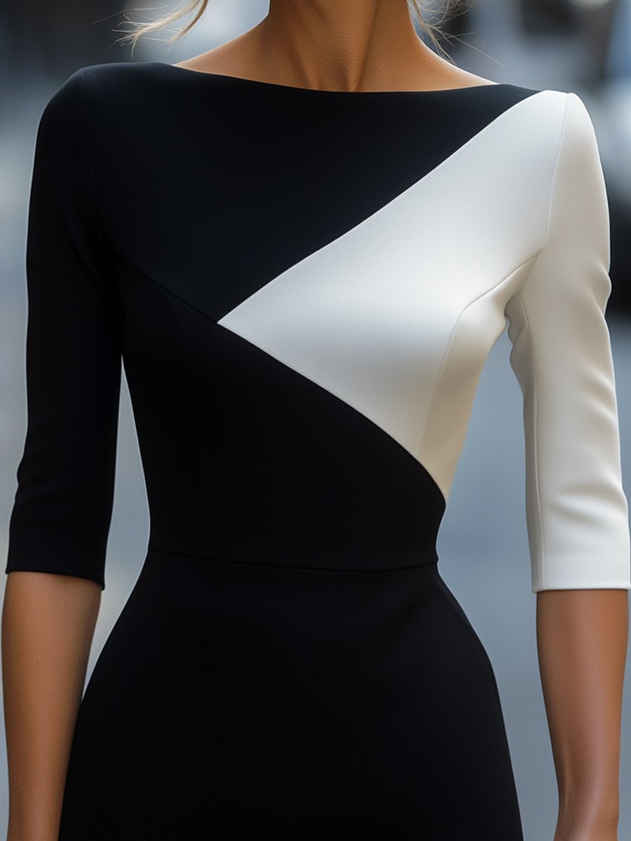 Black and White Colorblock Midi Dress with Tailored Fit and Three-Quarter Sleeves 1