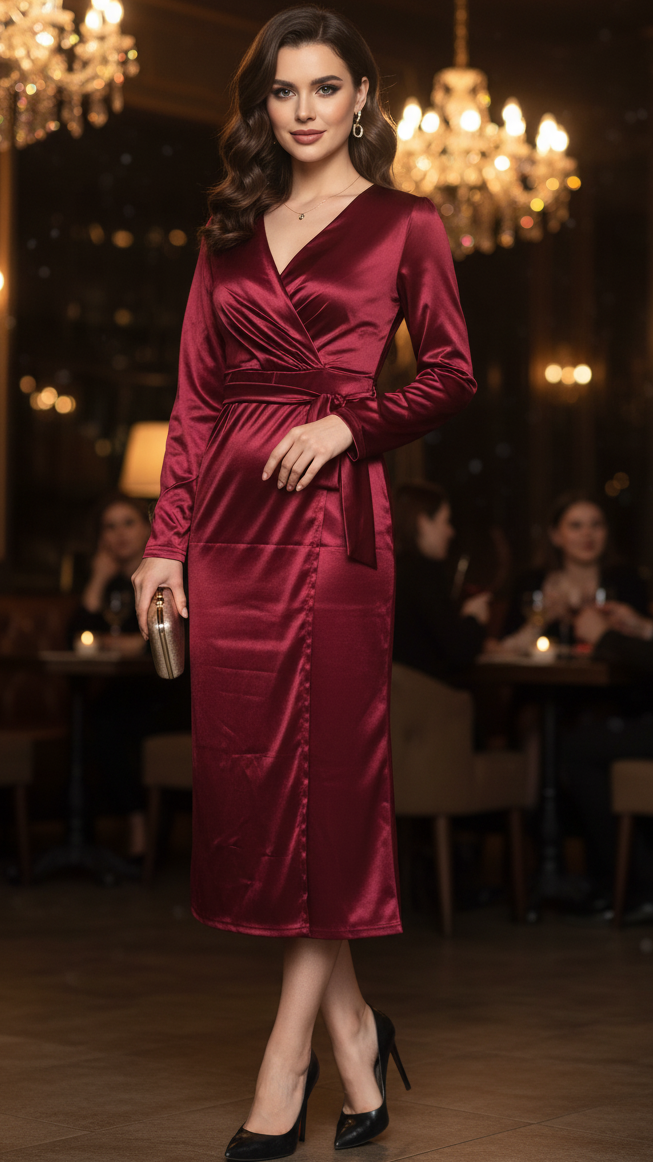 Burgundy Satin Wrap Dress with V-Neckline and Adjustable Tie Waist – Elegant Midi Dress for Versatile Styling 0