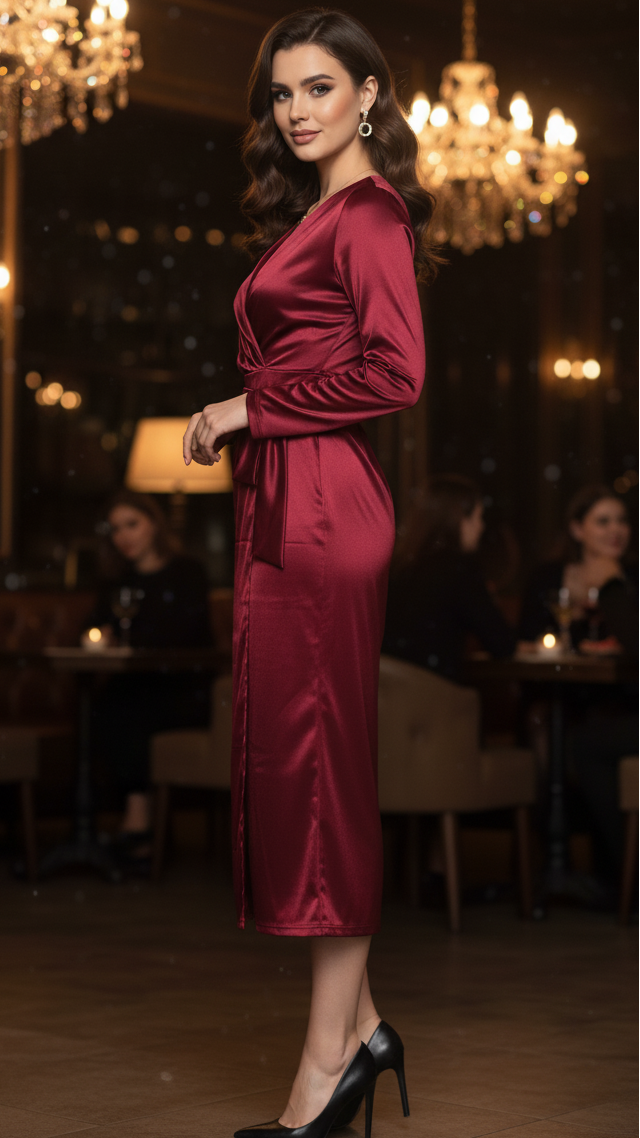 Burgundy Satin Wrap Dress with V-Neckline and Adjustable Tie Waist – Elegant Midi Dress for Versatile Styling 1