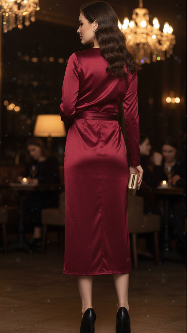 Burgundy Satin Wrap Dress with V-Neckline and Adjustable Tie Waist – Elegant Midi Dress for Versatile Styling 2