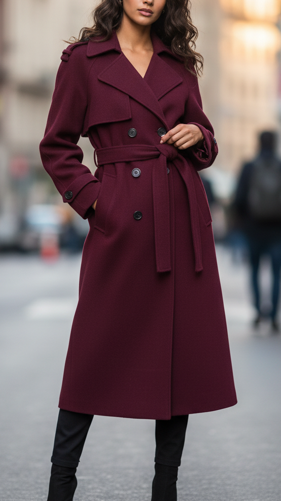 Burgundy Wool Trench Coat for Women – Structured Autumn Outerwear with Tailored Fit and Luxurious Comfort 0