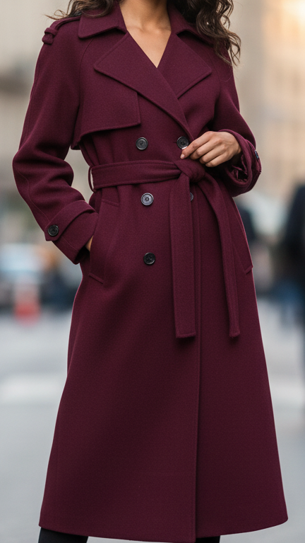 Burgundy Wool Trench Coat for Women – Structured Autumn Outerwear with Tailored Fit and Luxurious Comfort 3