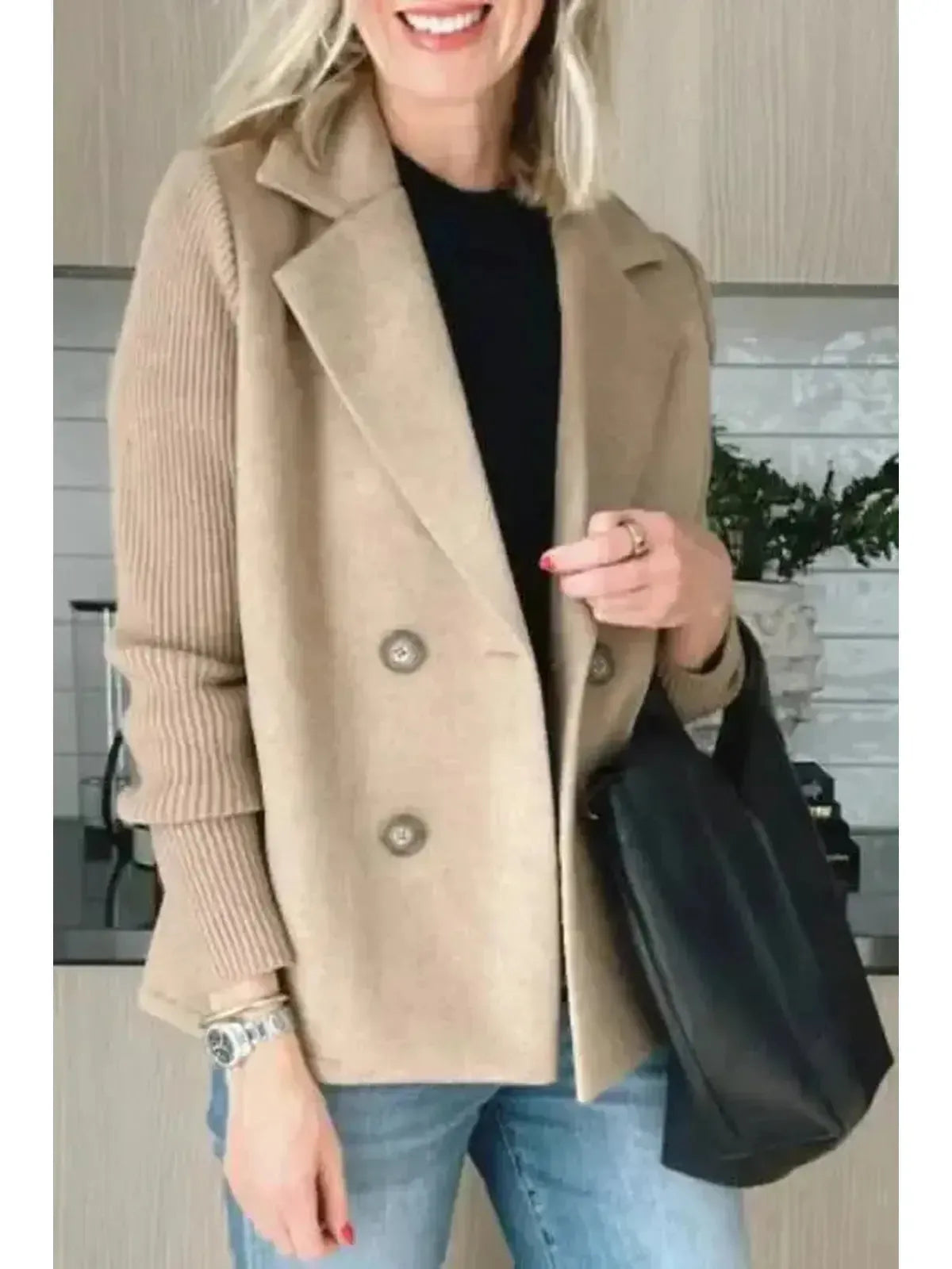 Casual Coat with Button Fastening and Patchwork Sleeves – Relaxed Fit Outerwear 3