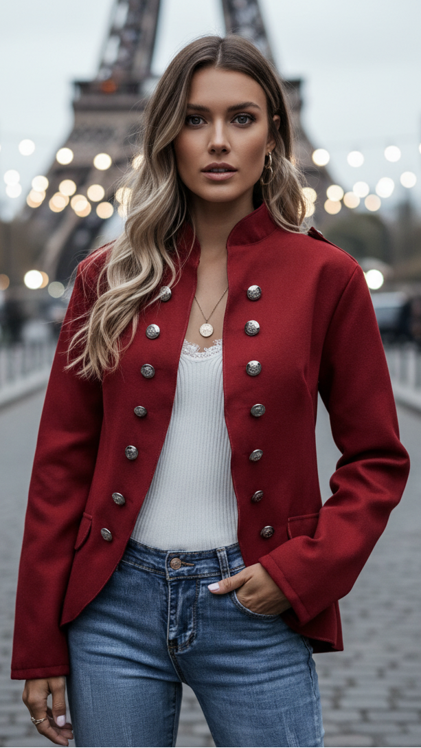 Casual Velvet Blazer with Gold Buttons – Deep Burgundy Tailored Jacket 0