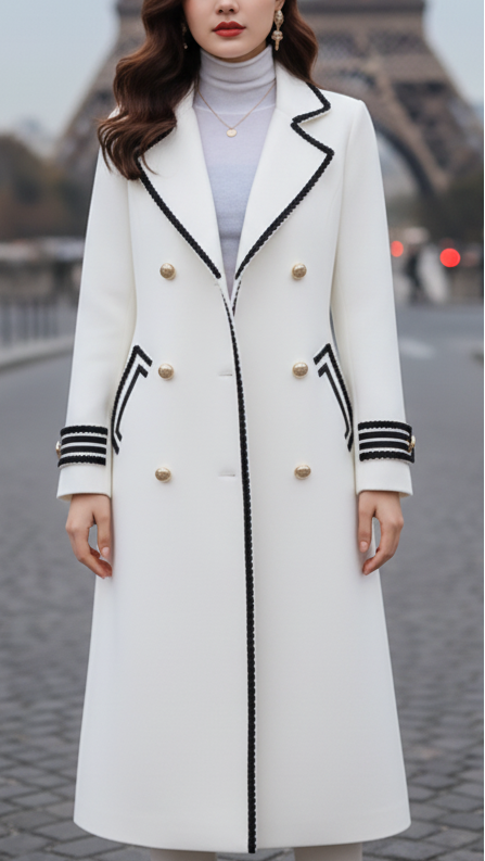 Chic Women's Wool Coat – Long White Winter Coat with Black Contrast Trim for Elegant Outerwear 0