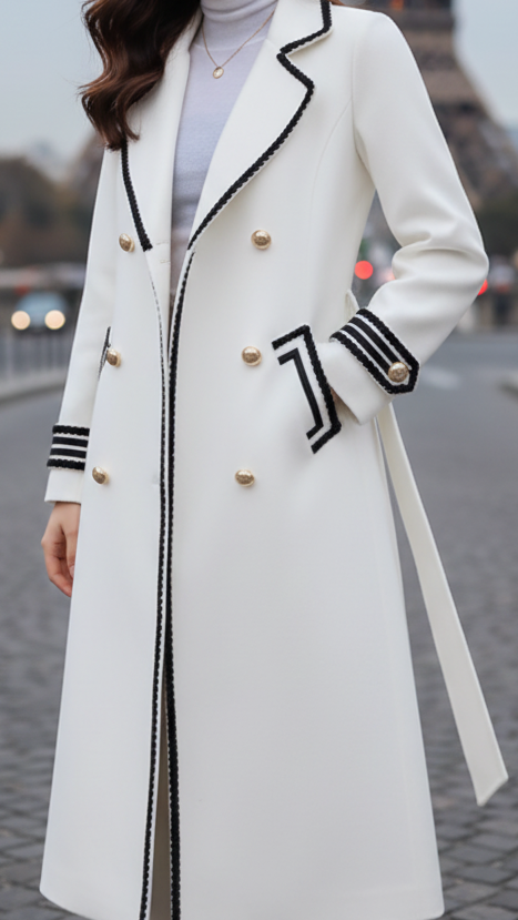 Chic Women's Wool Coat – Long White Winter Coat with Black Contrast Trim for Elegant Outerwear 1