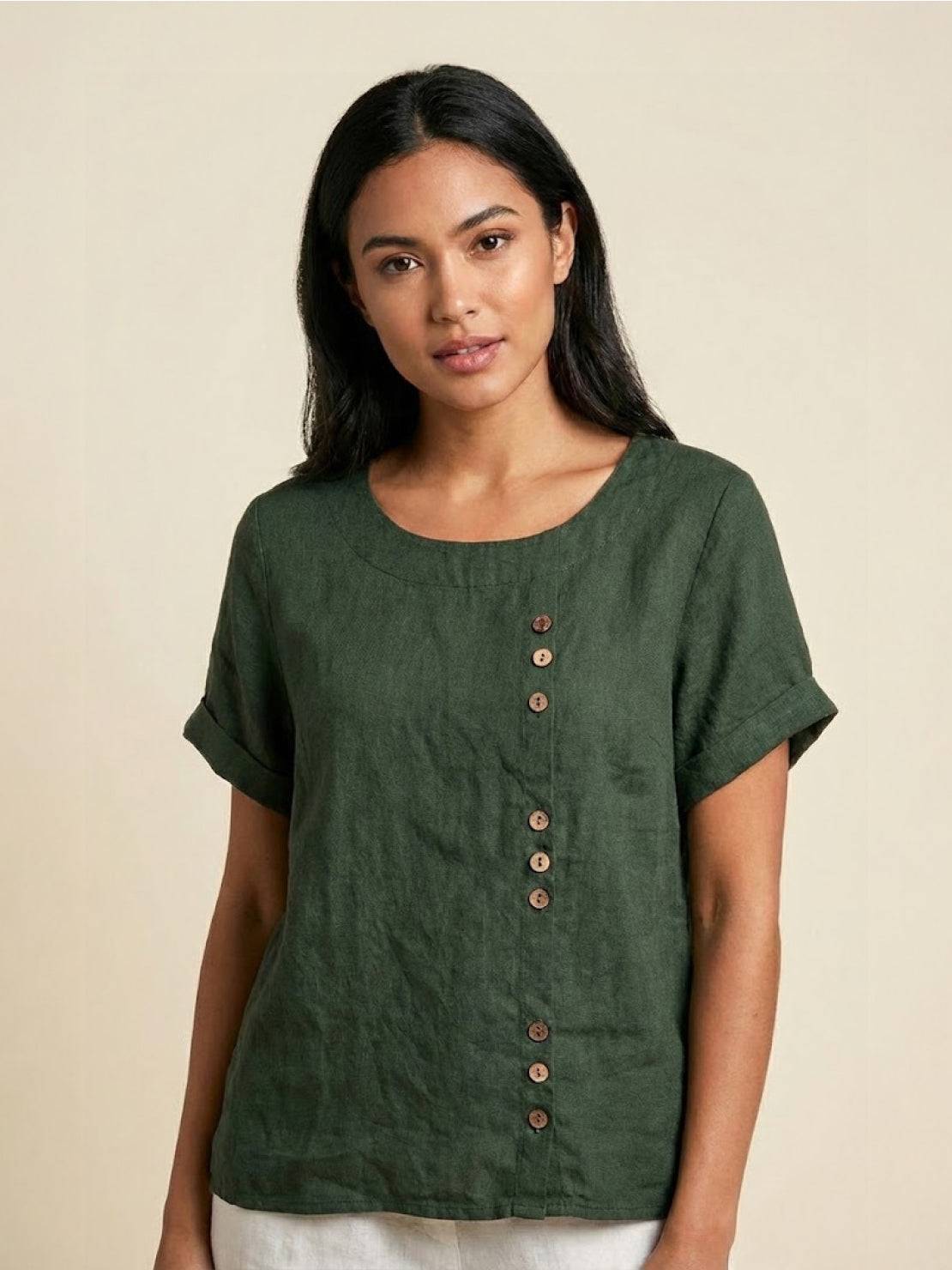 Clara | Linen Round Neck Button Blouse - ginlerie 0