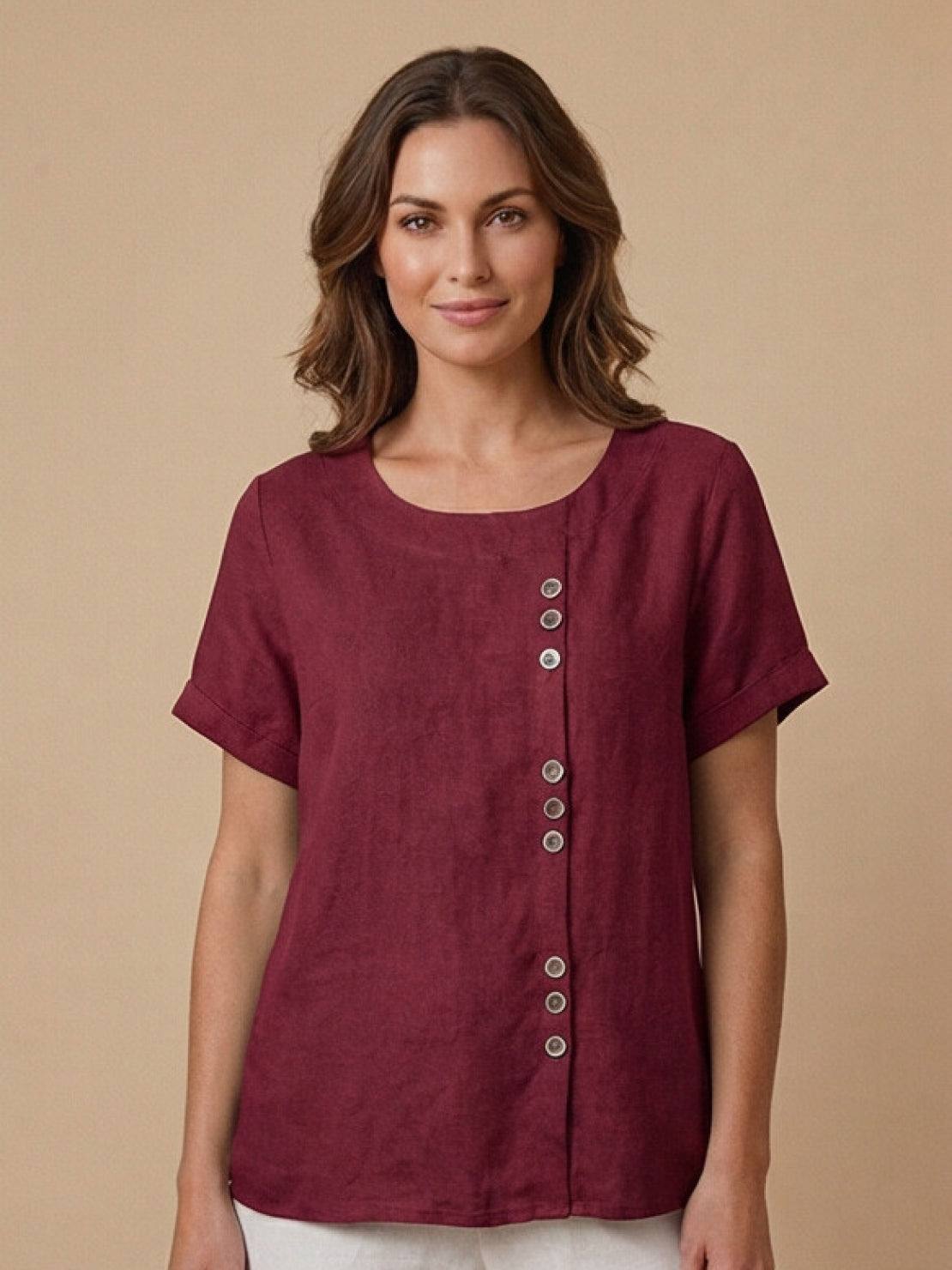 Clara | Linen Round Neck Button Blouse - ginlerie 13