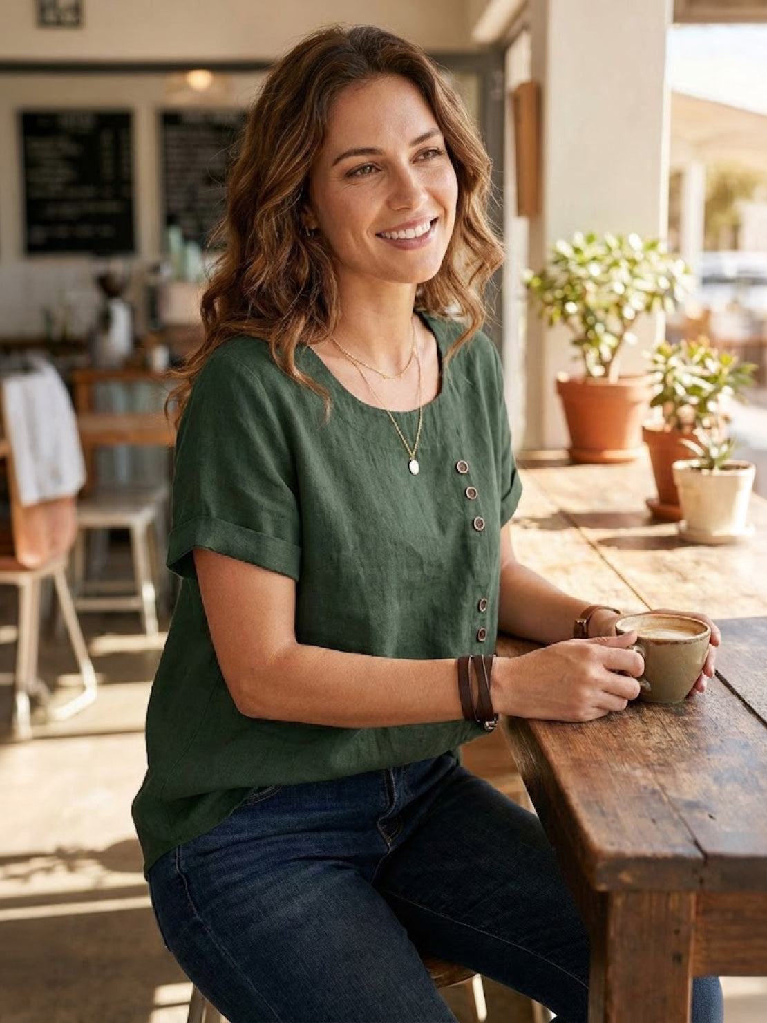 Clara | Linen Round Neck Button Blouse - ginlerie 3