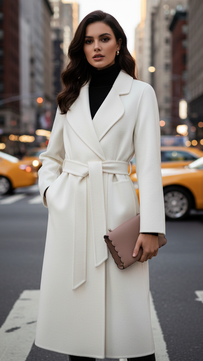 Classic Belted Wool Wrap Coat with Wide Lapel – Elegant Longline Outerwear 0