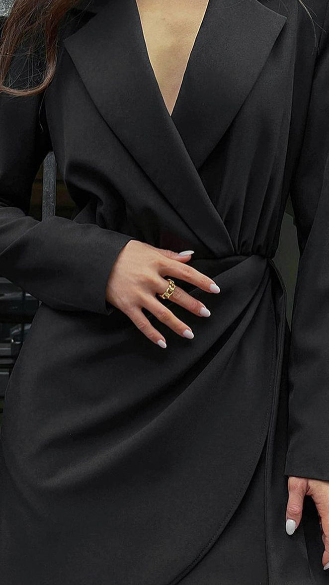 Classic Black Trench Dress with Satin Finish – Tailored Office-to-Evening Wear 1