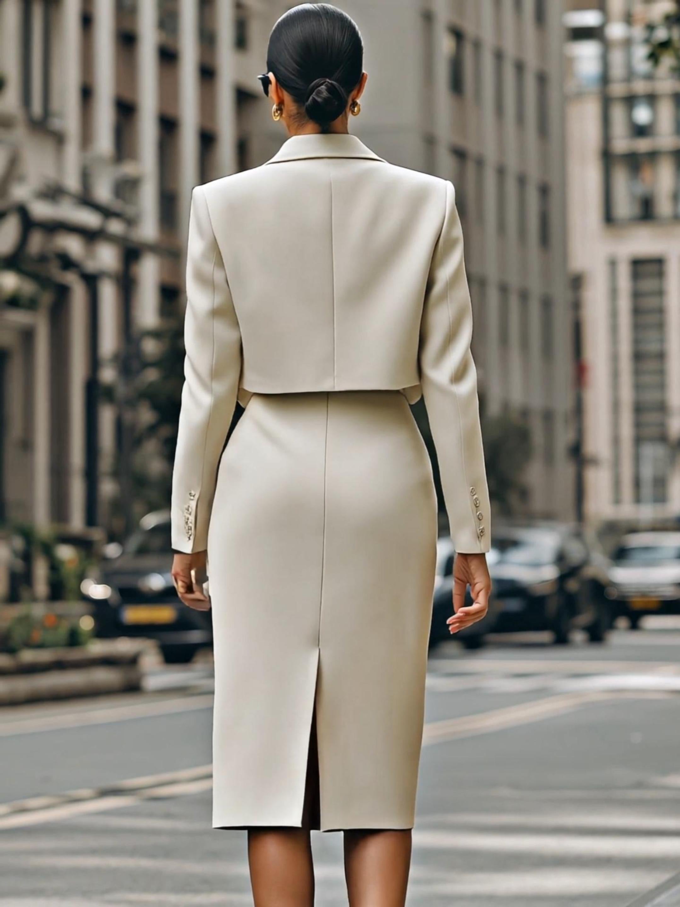 Cropped Blazer and High-Waisted Pencil Skirt Set – Cream Tailored Suit 2