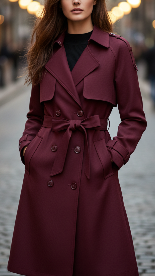Double-Breasted Belted Trench Coat in Burgundy – Elegant Mid-Length Design 0
