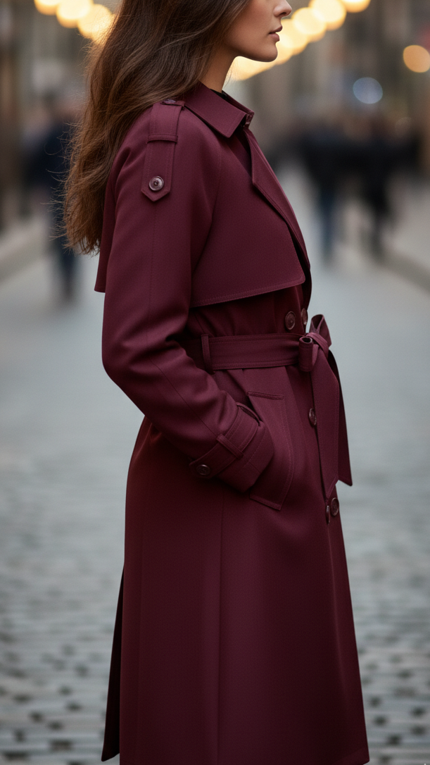 Double-Breasted Belted Trench Coat in Burgundy – Elegant Mid-Length Design 2