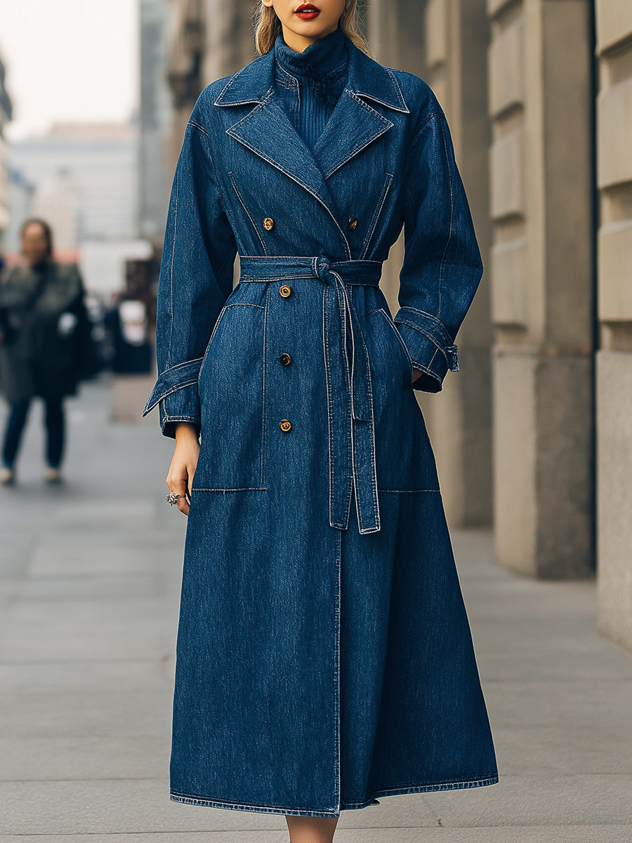 Double-Breasted Denim Trench Coat with Adjustable Waist – Stylish Indigo Outerwear 0