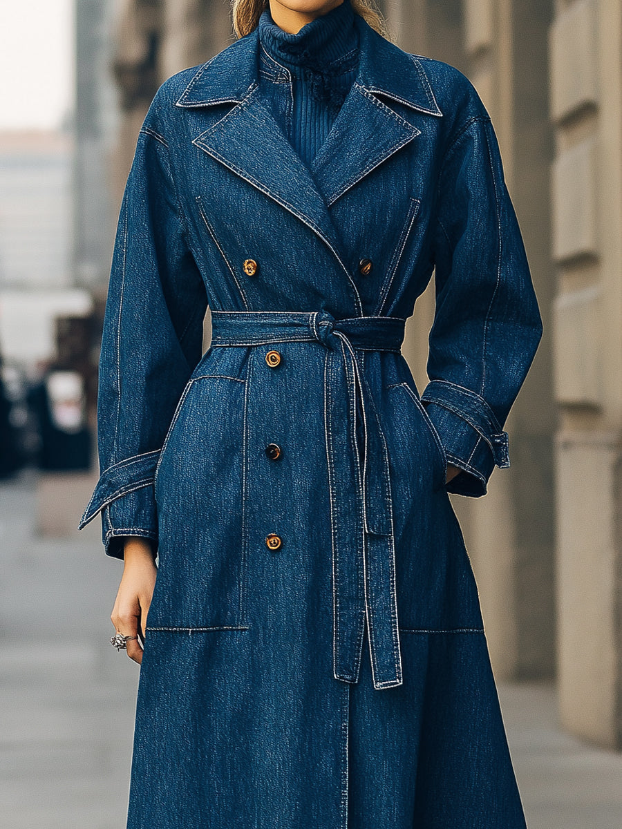 Double-Breasted Denim Trench Coat with Adjustable Waist – Stylish Indigo Outerwear 1