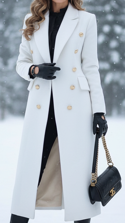 Double-Breasted Longline Coat with Gold Buttons – Elegant Wool-Blend Winter Outerwear 1