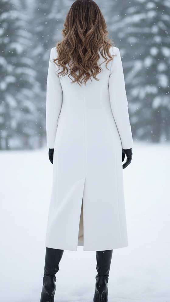 Double-Breasted Longline Coat with Gold Buttons – Elegant Wool-Blend Winter Outerwear 3