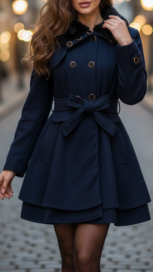 Double-Breasted Wool-Blend Coat with Faux Fur Collar – Elegant Midi Length Winter Outerwear 1