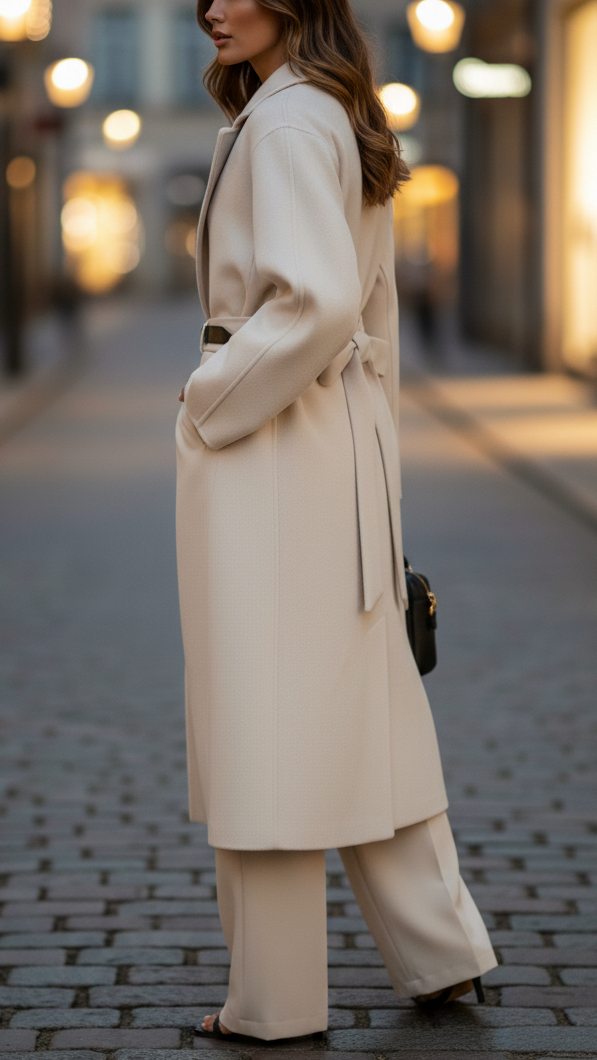 Elena Beige Belted Wrap Coat – Elegant Longline Wool-Blend Outerwear 2