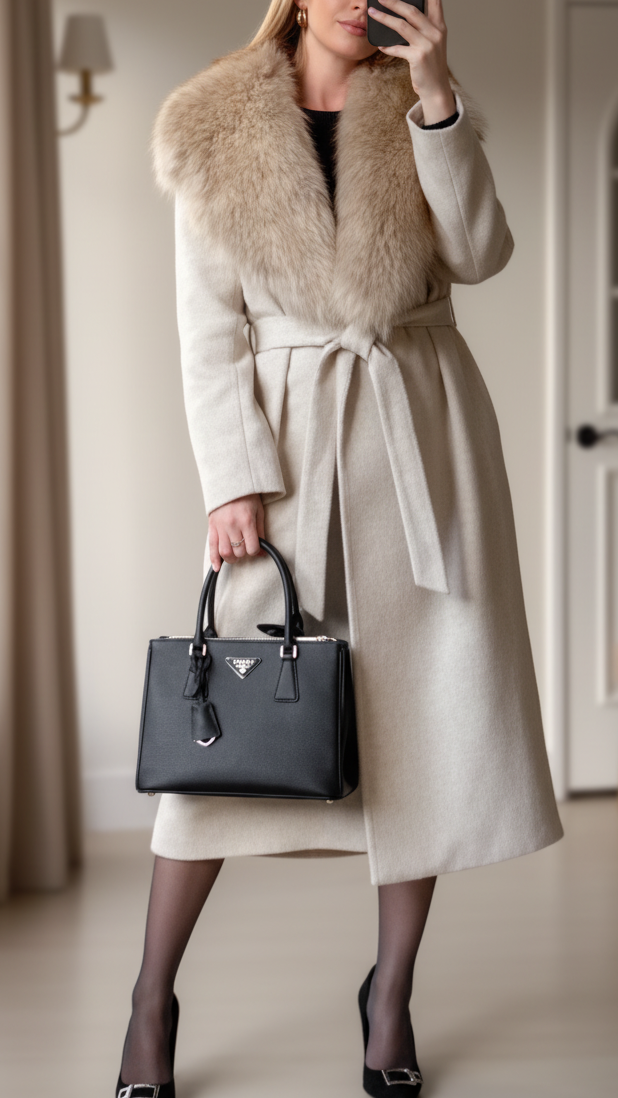 Elena Coat with Fur Collar and Self-Tie Belt – Elegant Ivory Wool Blend 0