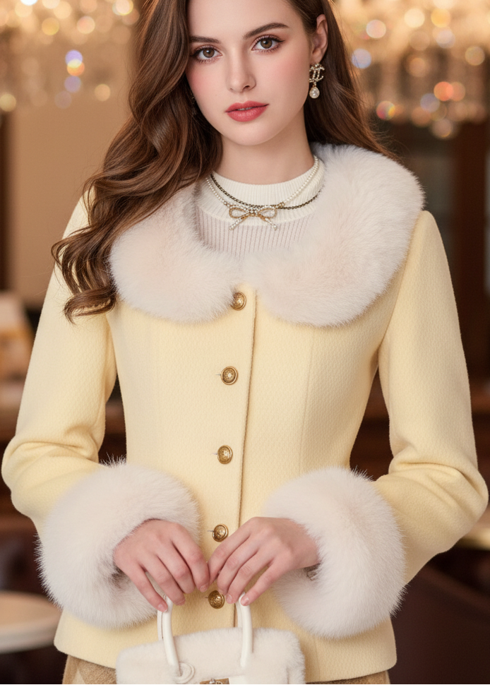 Elena Jacket with Faux Fur Trims – Chic Yellow Autumn Outerwear 1