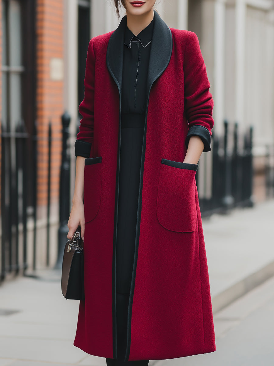 Elena Longline Coat in Crimson Red with Contrast Trim – Elegant Wool-Blend Outerwear 0