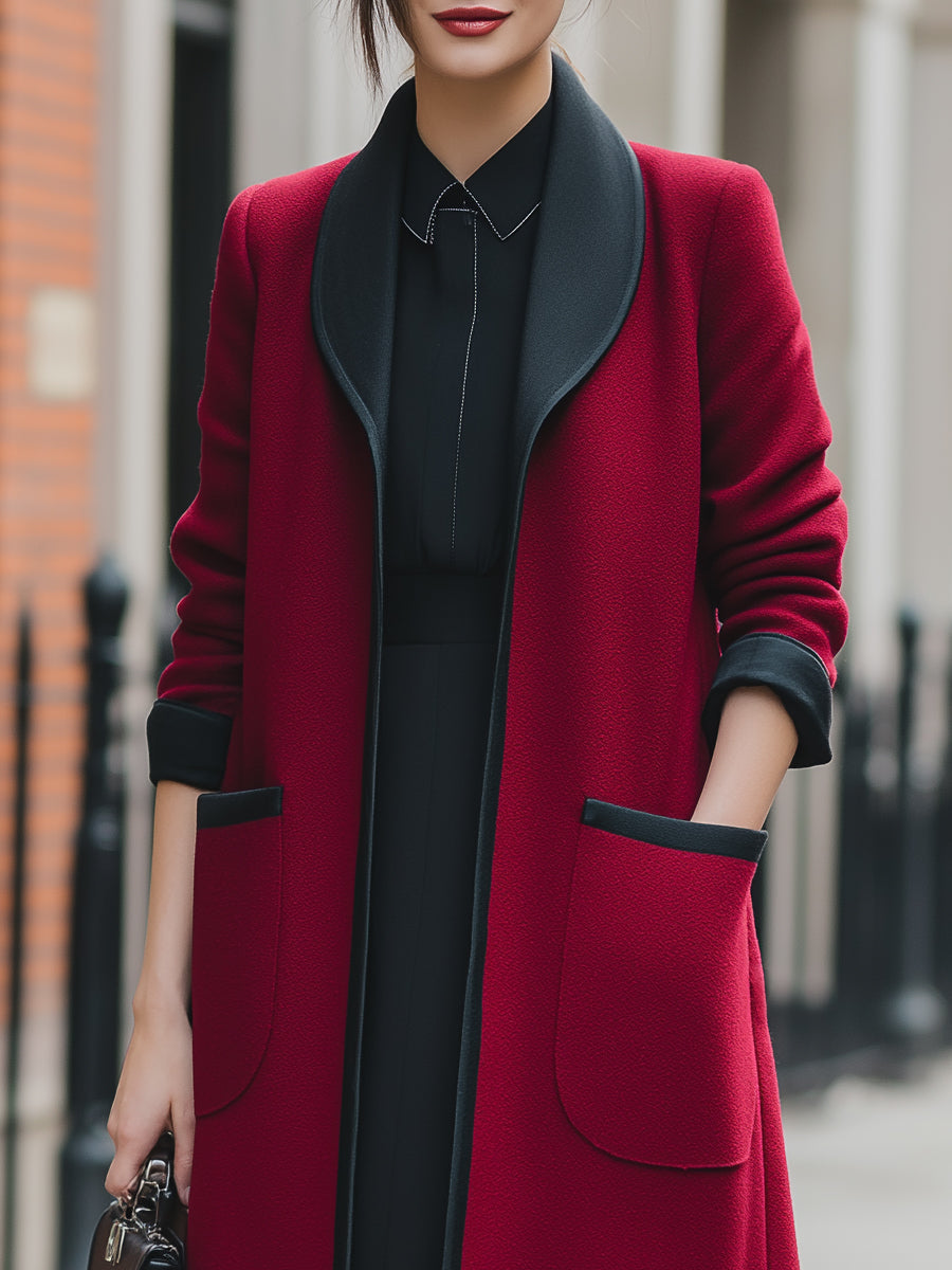 Elena Longline Coat in Crimson Red with Contrast Trim – Elegant Wool-Blend Outerwear 1