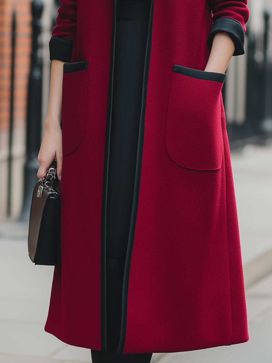 Elena Longline Coat in Crimson Red with Contrast Trim – Elegant Wool-Blend Outerwear 2