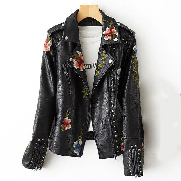 Elena | Embroidered PU Leather Jacket - ginlerie 1