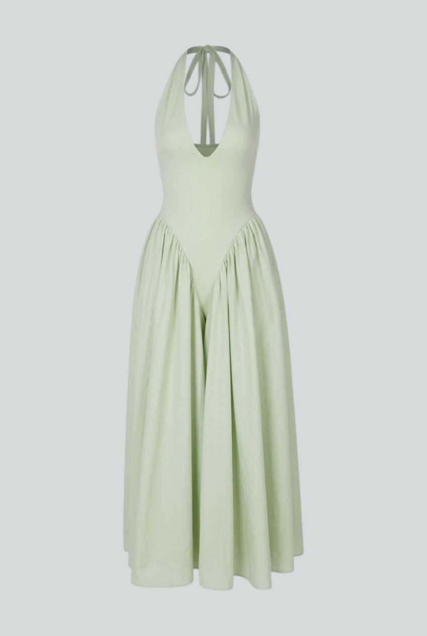 Elena | Green Satin Midi Dress - ginlerie 0