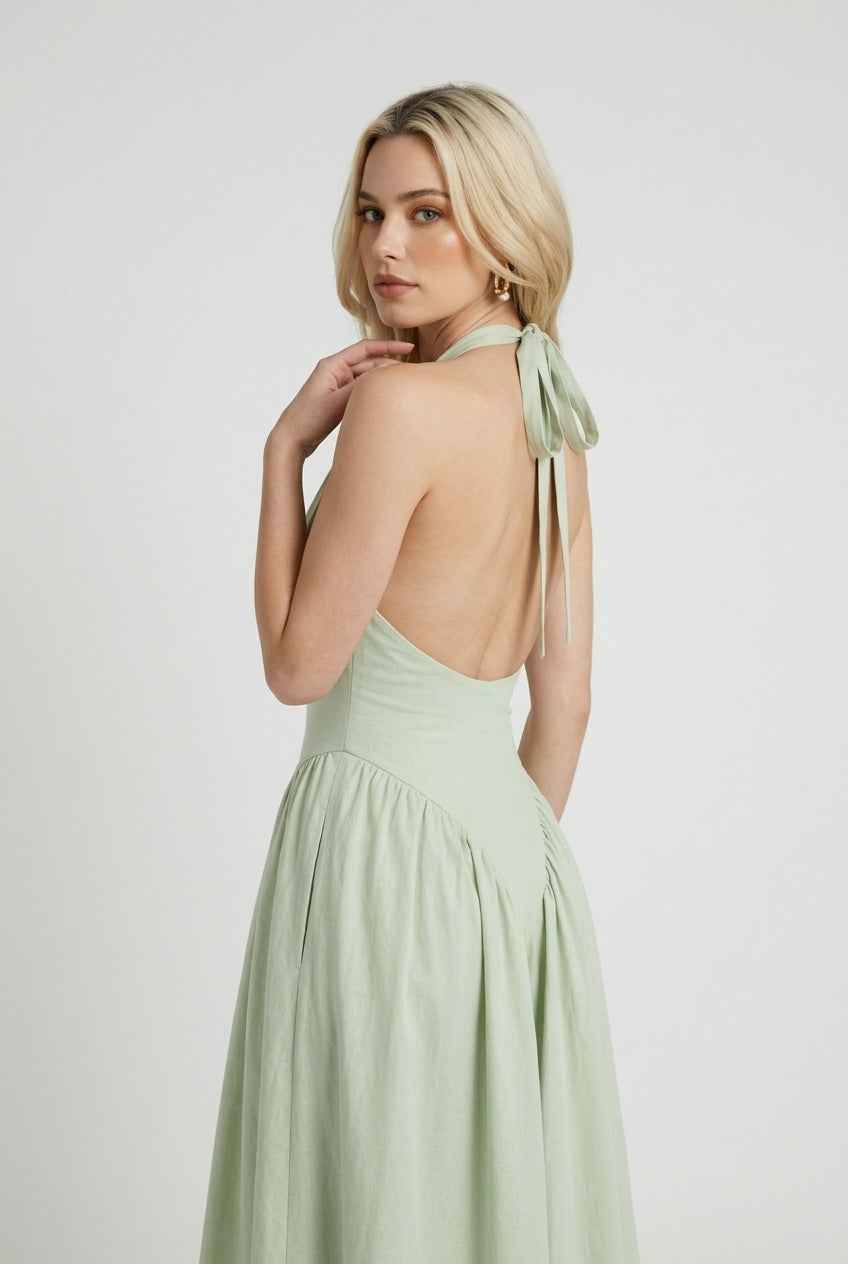 Elena | Green Satin Midi Dress - ginlerie 5