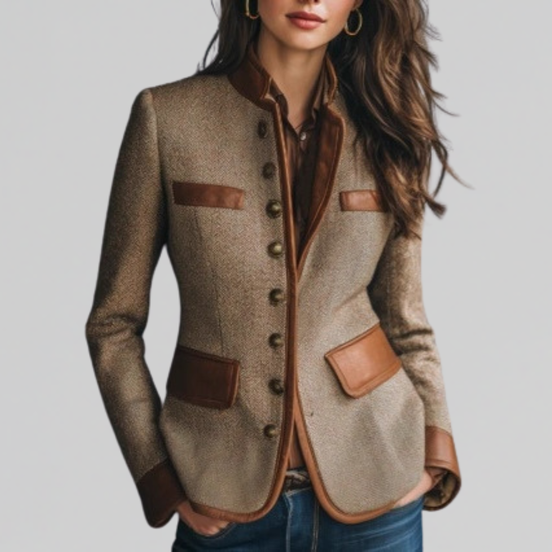 Elena | Tailored Tweed Blazer with Contrast Trim - ginlerie 0