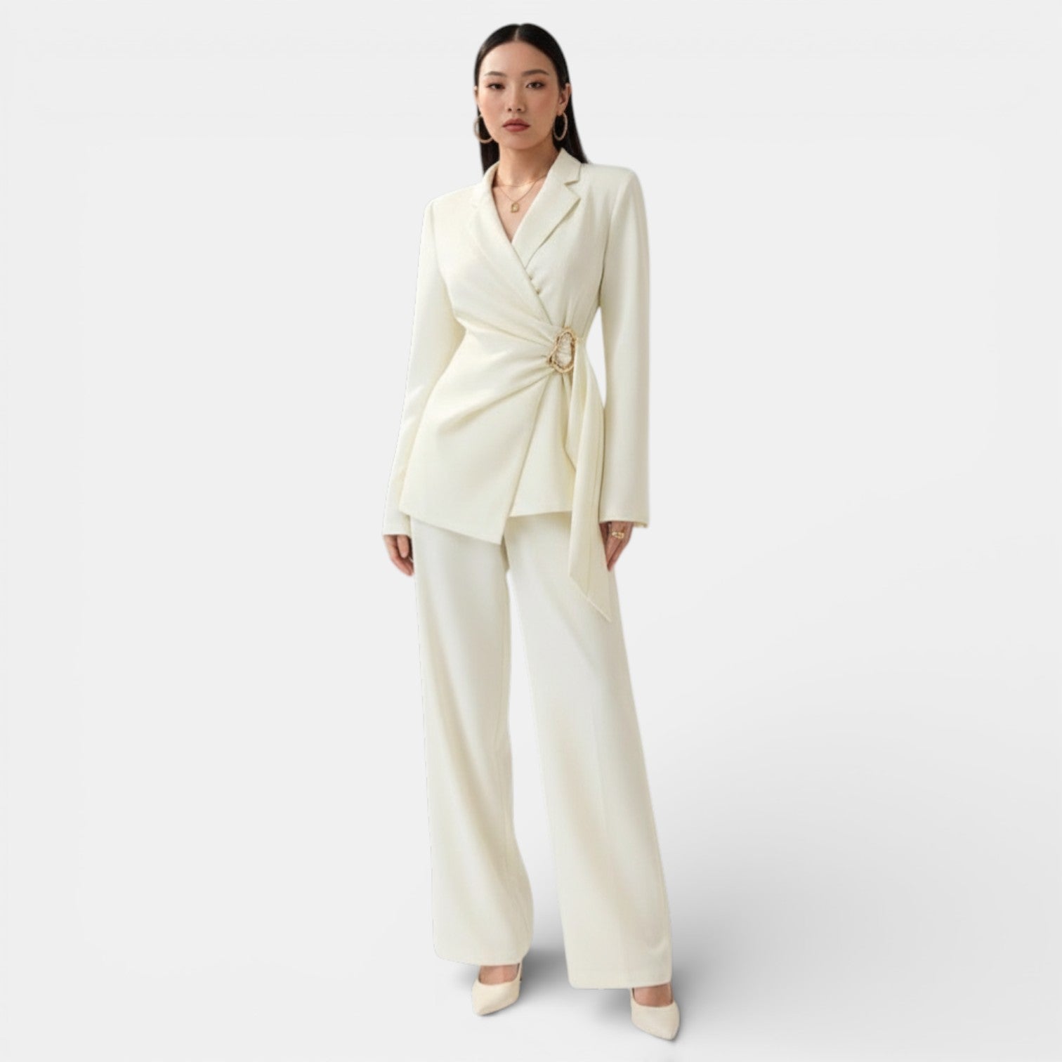 Elena | Tailored Wrap Blazer and Wide Leg Trousers Set - ginlerie 0