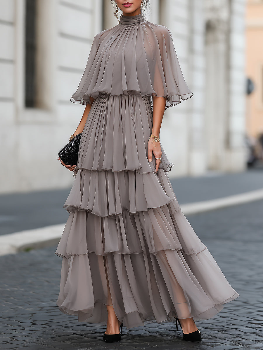 Elena | Tiered Pleated Maxi Dress With Sleeves - ginlerie 0