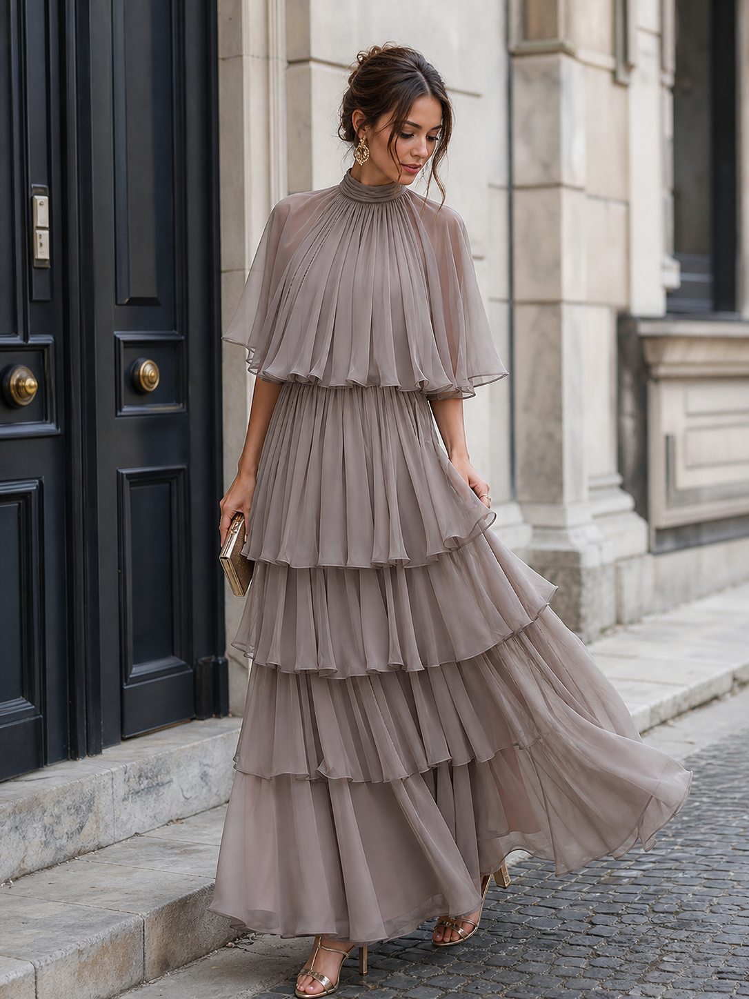 Elena | Tiered Pleated Maxi Dress With Sleeves - ginlerie 3
