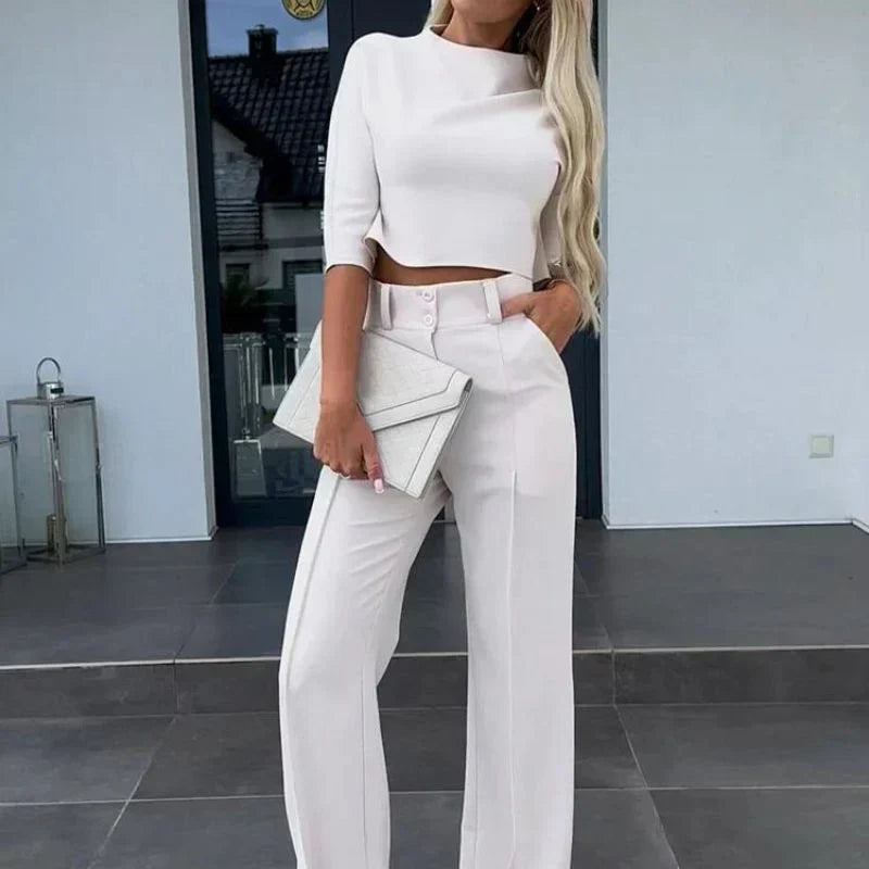 Elena | Two-Piece Crop Top and Wide-Leg Trousers Set - ginlerie 1
