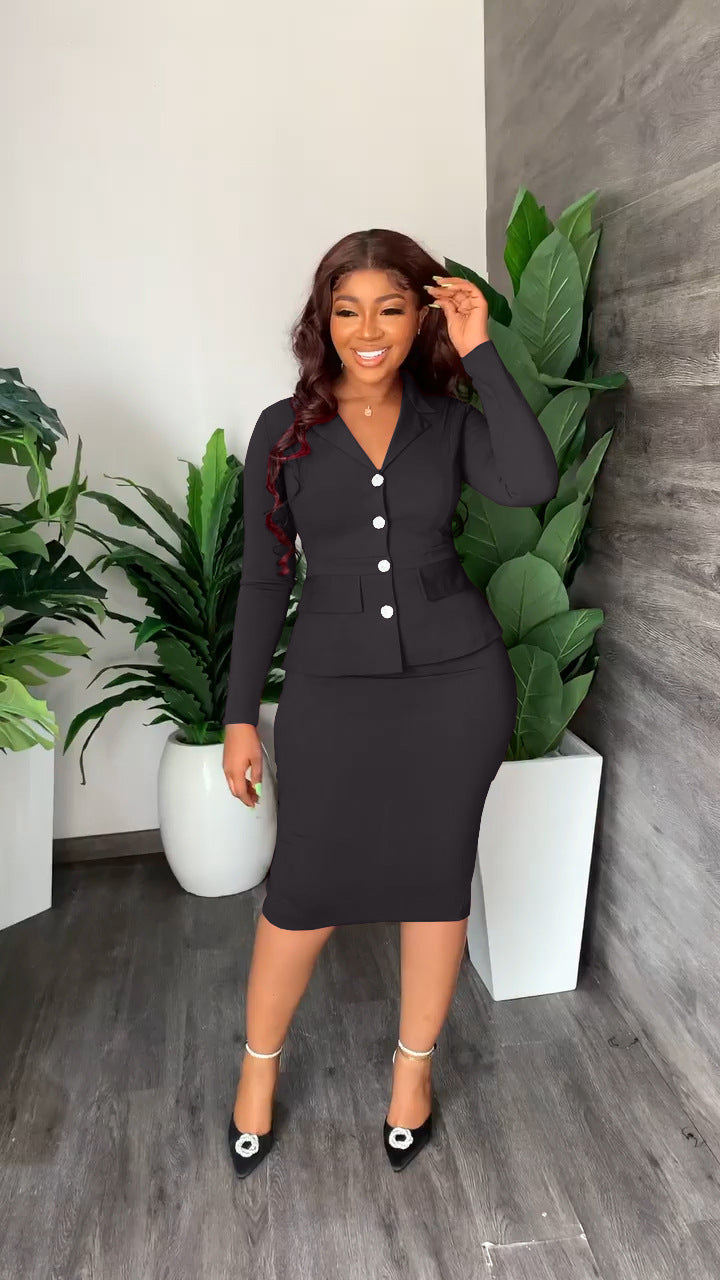 Elena | V-Neck Button Front Blazer and Pencil Skirt Set - ginlerie 0