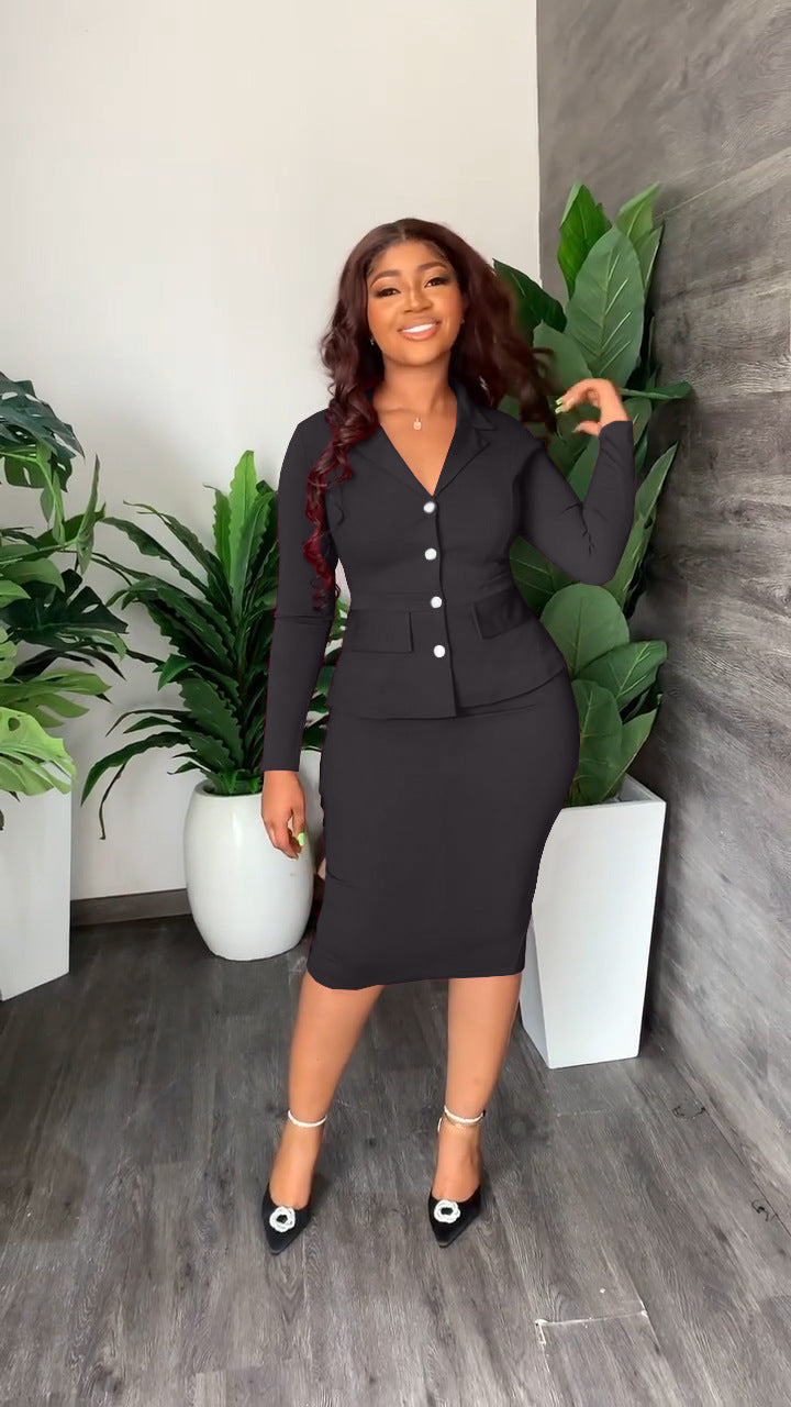 Elena | V-Neck Button Front Blazer and Pencil Skirt Set - ginlerie 1
