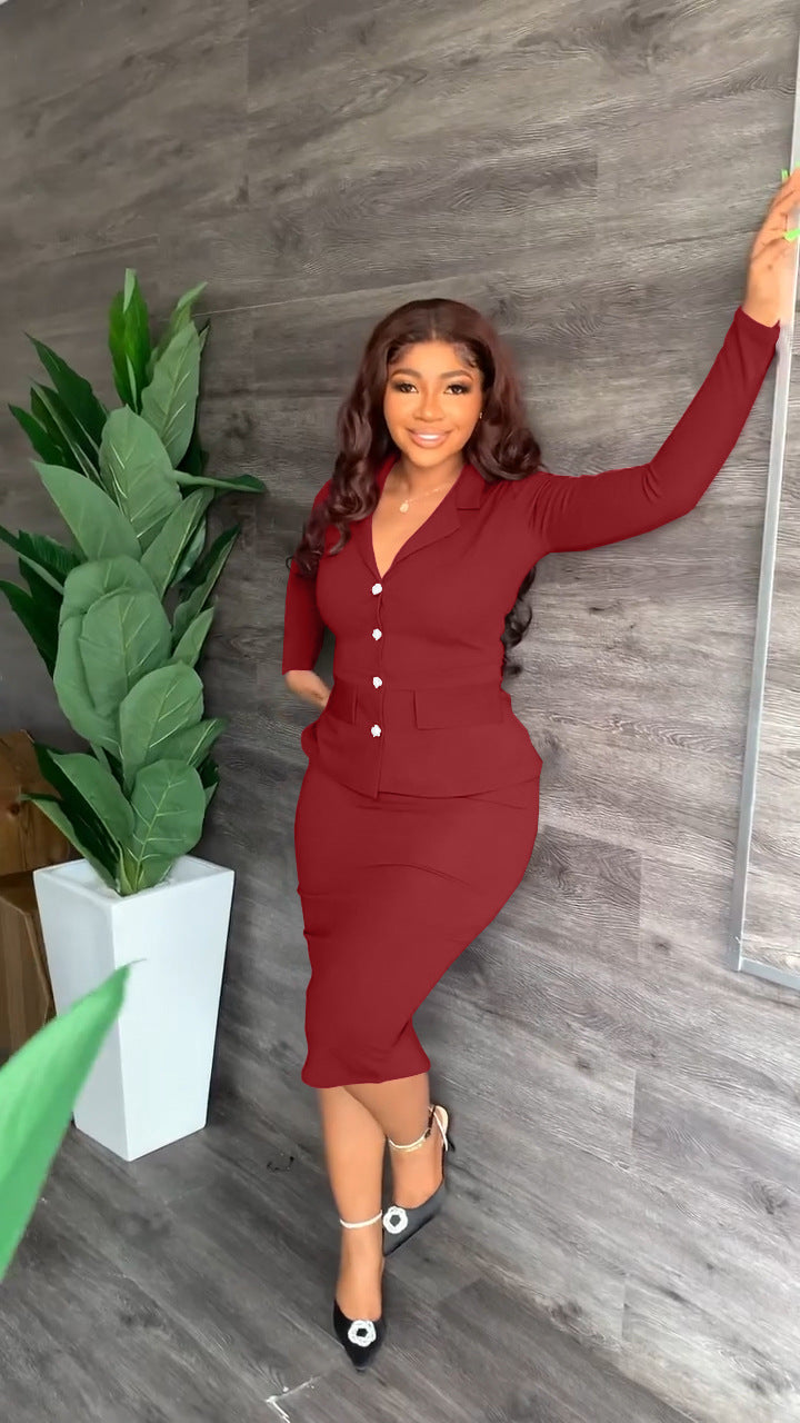 Elena | V-Neck Button Front Blazer and Pencil Skirt Set - ginlerie 4