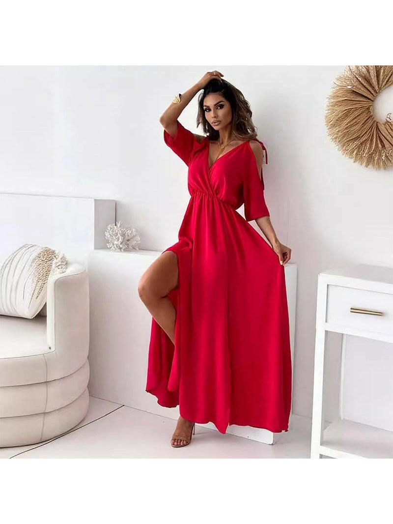 Elena | V-Neck Slit Maxi Dress - ginlerie 0